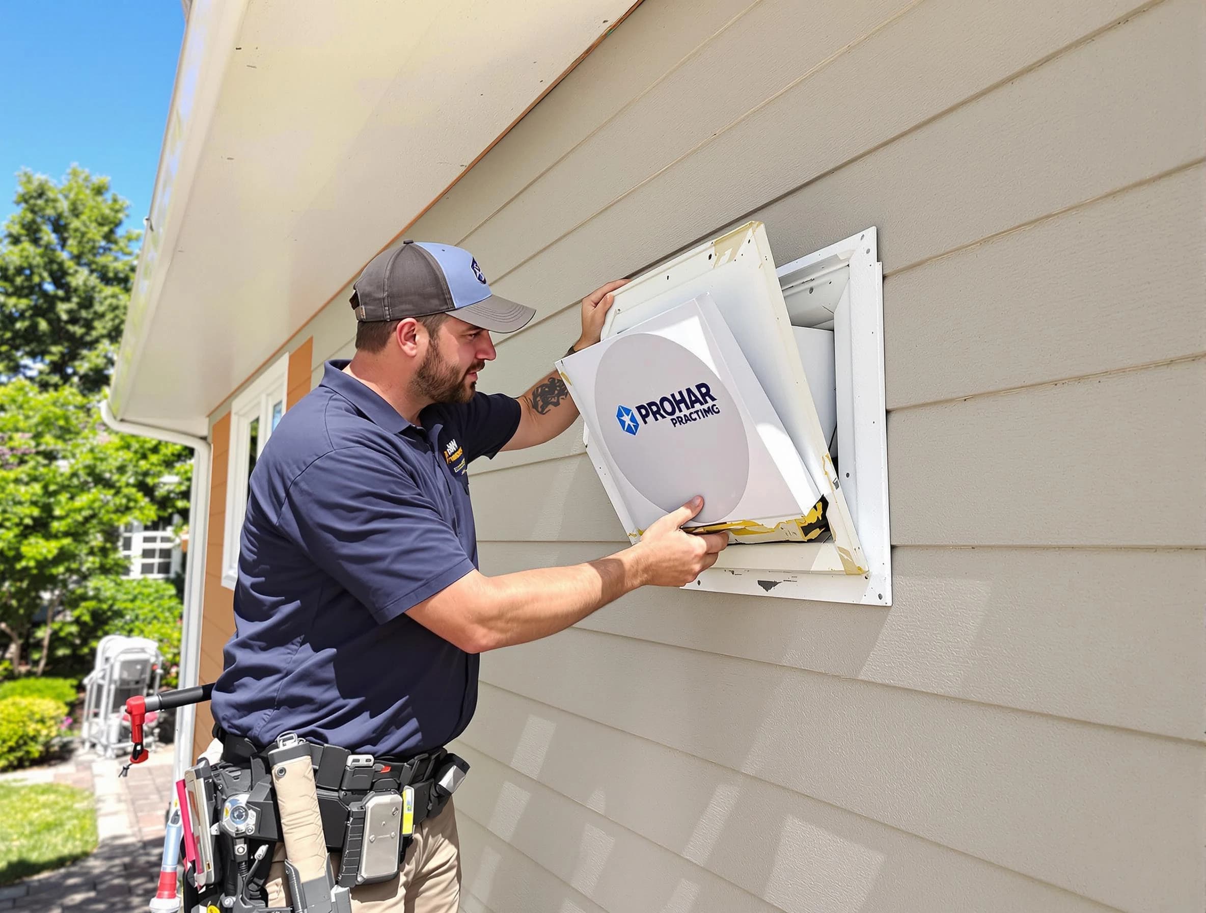 Sandston Dryer Vent Cleaning technician installing a new protective dryer vent cover on a home in Sandston