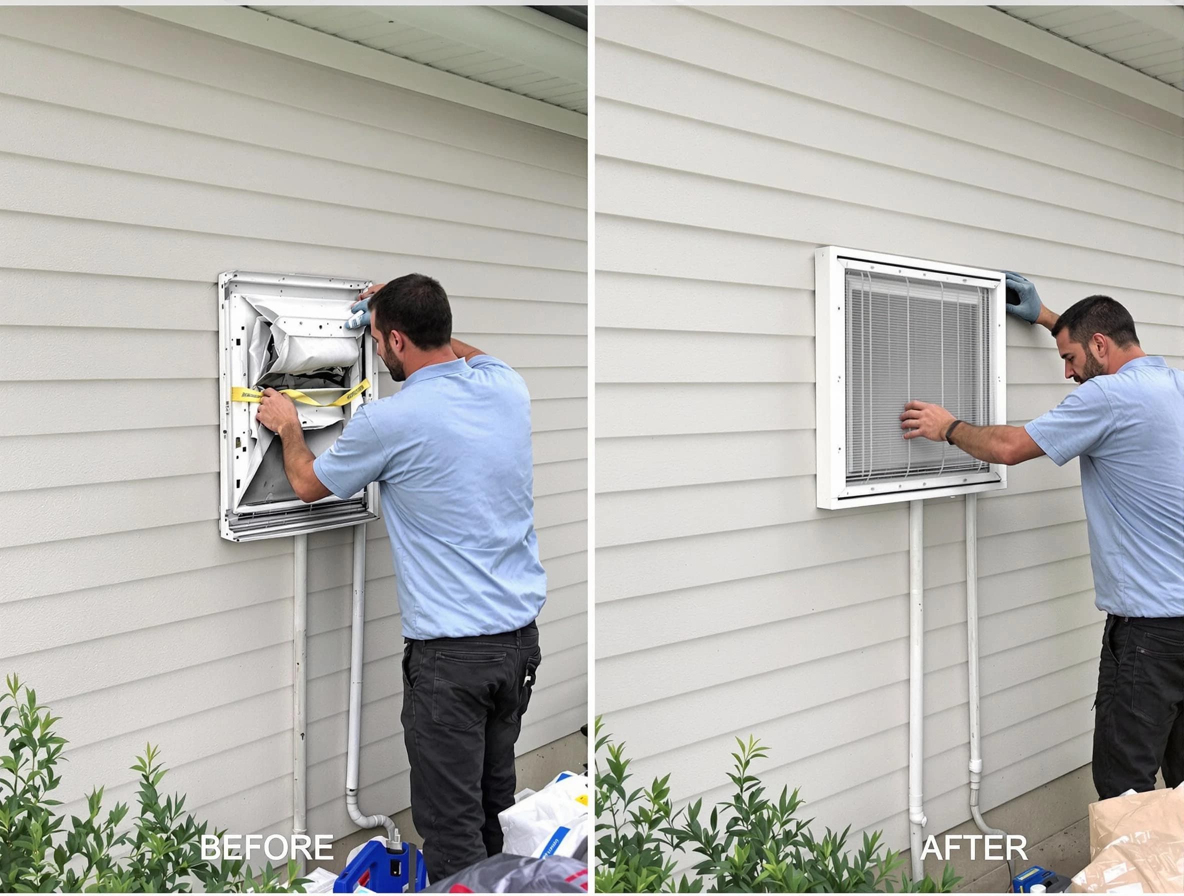 Sandston Dryer Vent Cleaning technician installing high-quality dryer vent cover at a residential property in Sandston