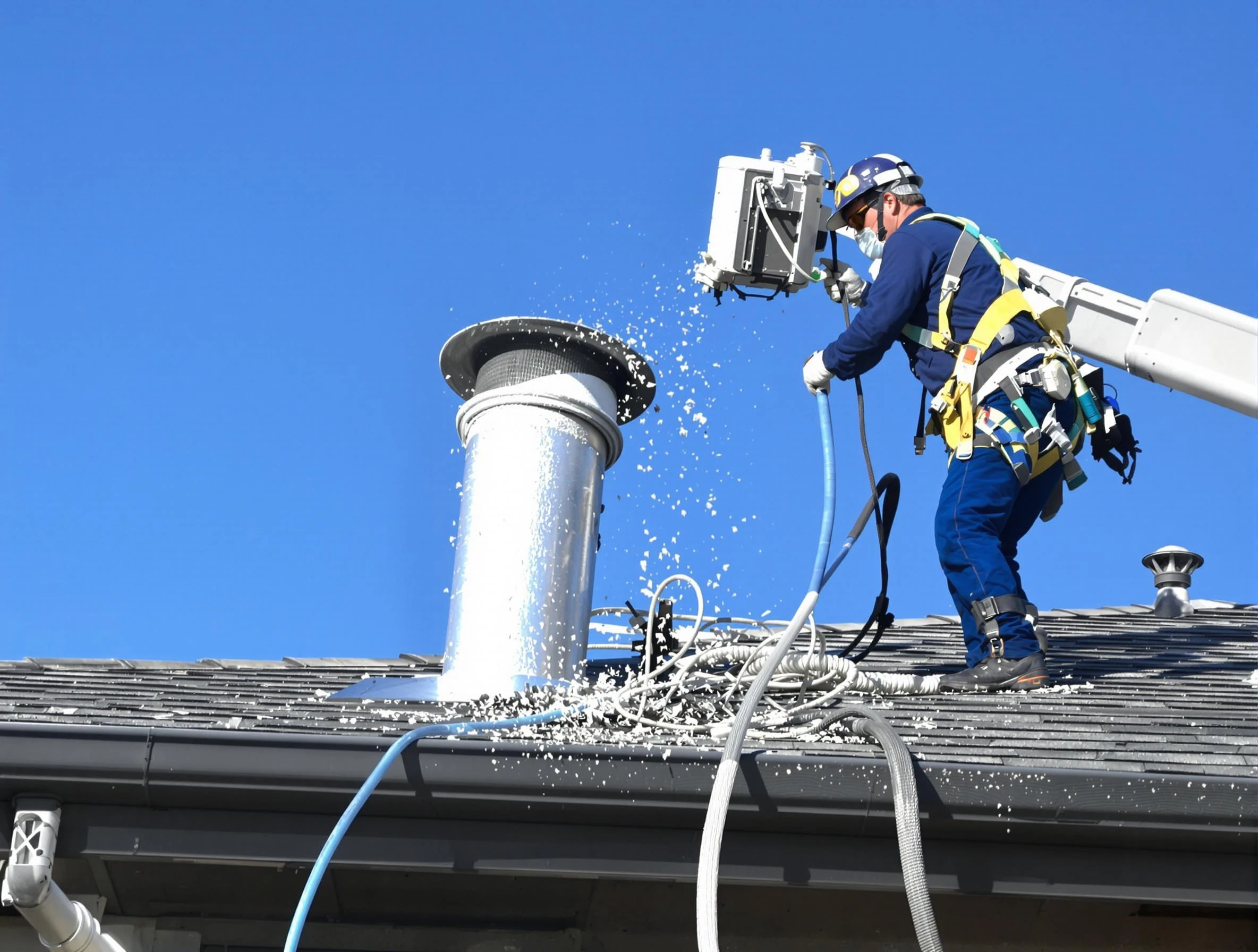 Sandston Dryer Vent Cleaning certified technician safely cleaning a roof-mounted dryer vent in Sandston